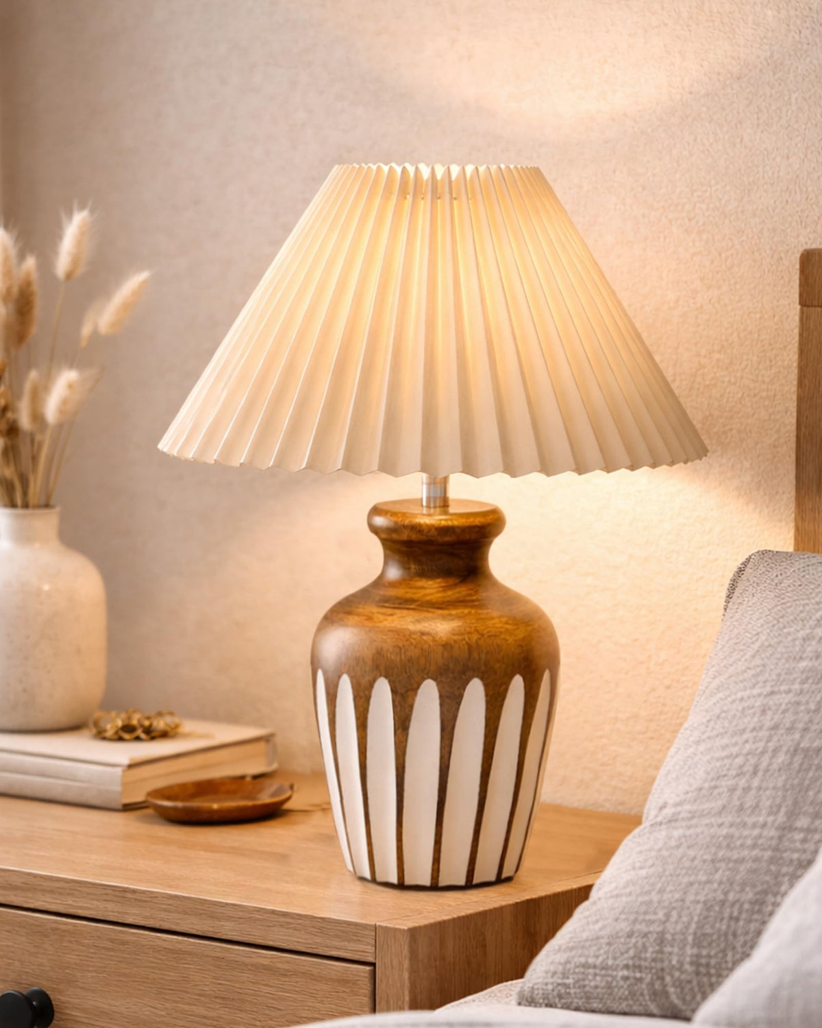 Small Cute Bedside Lamp with Linen Beige Lampshade, Nightstand Lamp for Nursery, Bedroom, Kid Room, Living Room, Light Brown Wooden Base, E27, Ribbed Urn, Pleated Jute