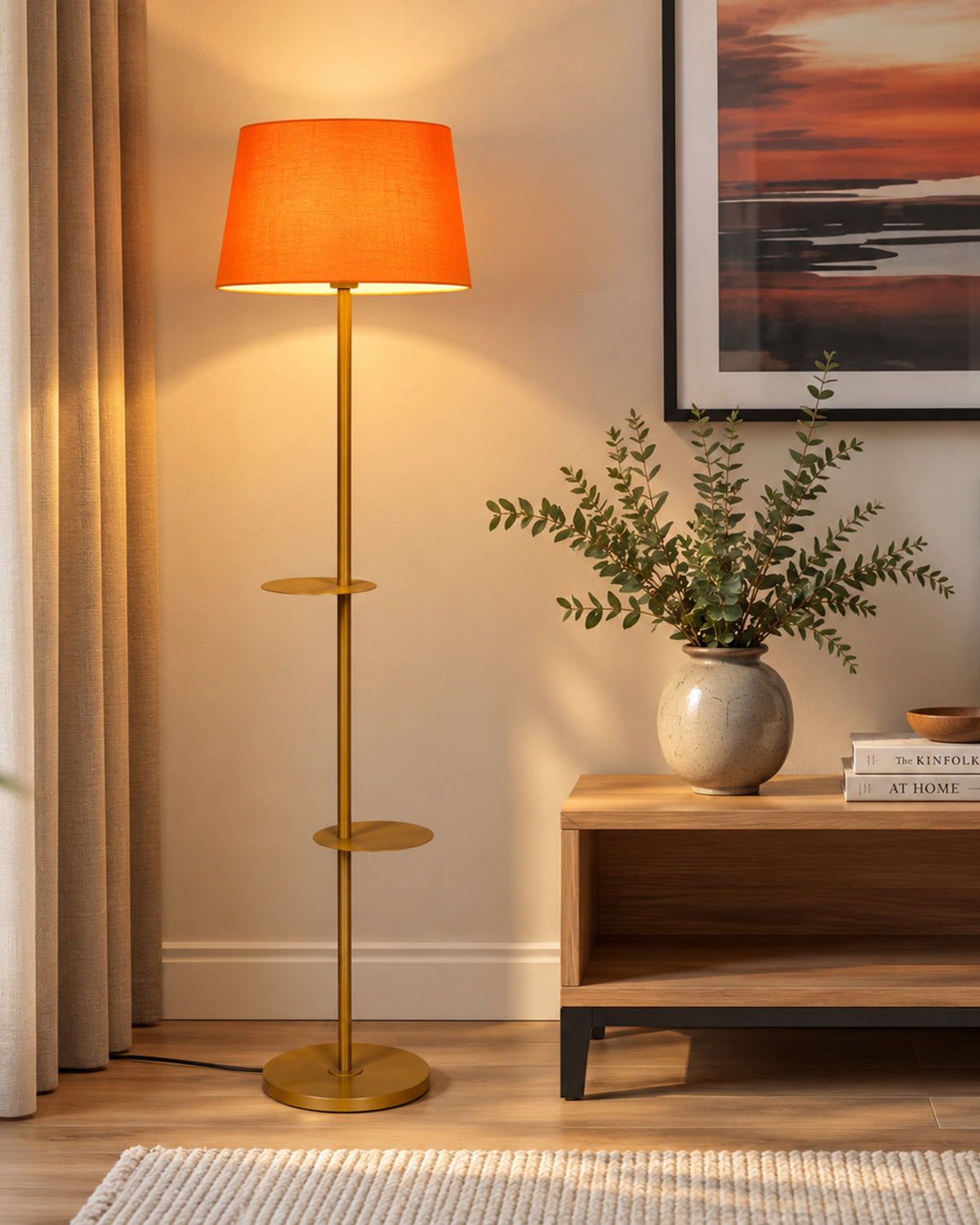 Contemporary Duo Shelf Metal Floor Lamp, Bedside Living room Office Home Decor Lamp, Golden