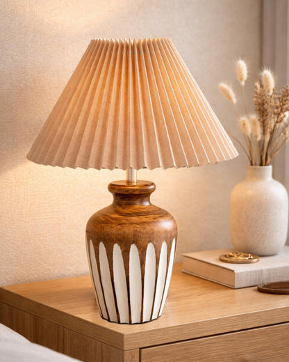 Small Cute Bedside Lamp with Linen Beige Lampshade, Nightstand Lamp for Nursery, Bedroom, Kid Room, Living Room, Light Brown Wooden Base, E27, Ribbed Urn, Pleated Jute