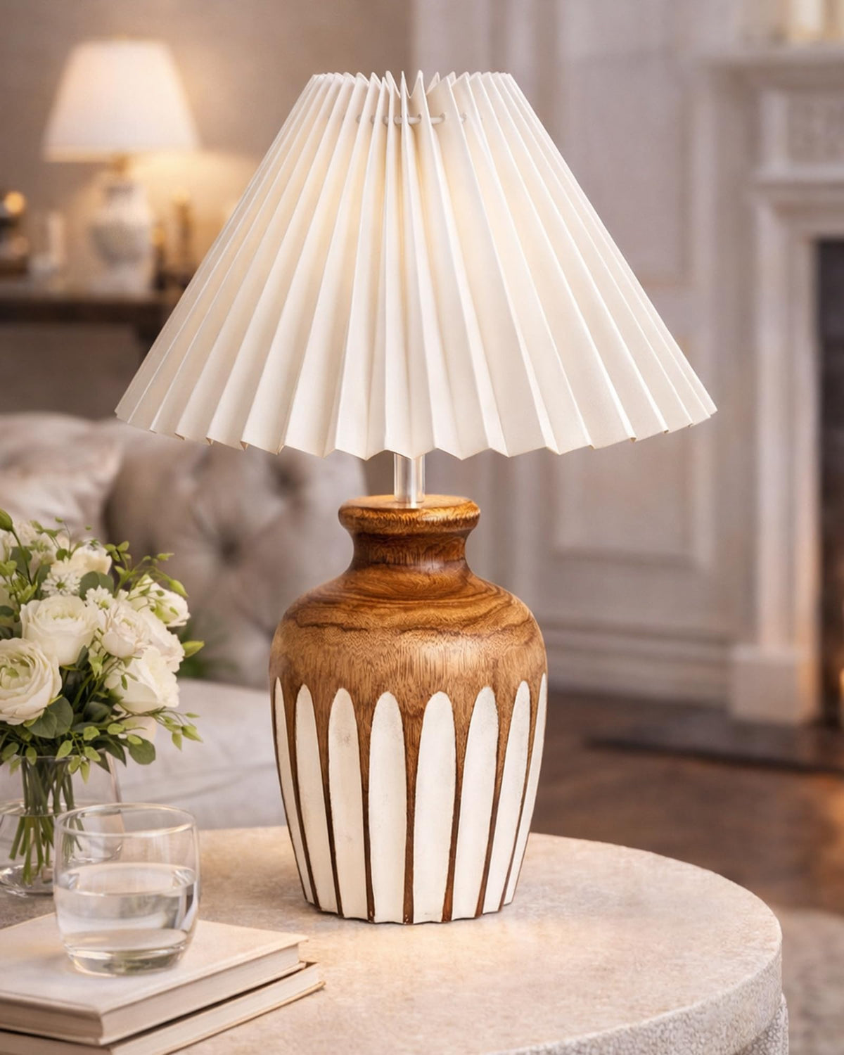 Small Cute Bedside Lamp with Linen Beige Lampshade, Nightstand Lamp for Nursery, Bedroom, Kid Room, Living Room, Light Brown Wooden Base, E27, Ribbed Urn, Pleated Jute