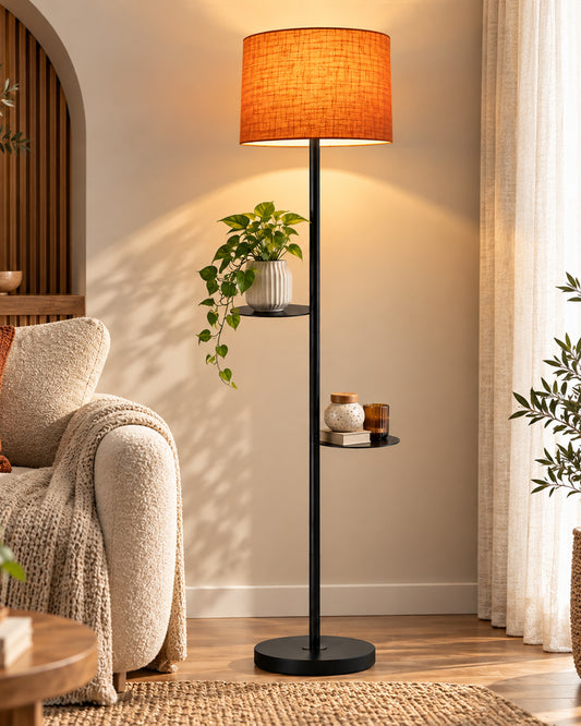 Contemporary Duo Shelf Metal Floor Lamp, Bedside Living room Office Home Decor Lamp, Black