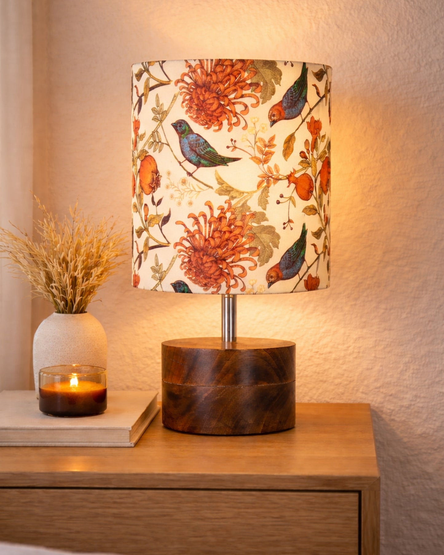 Modern Zen Wooden Lampshade Nightstand Lamps, Antique Base E27 Creative Reading Bedside Lamps Ideal for Bedroom, Rustic Cylinder, Bird Cylinder