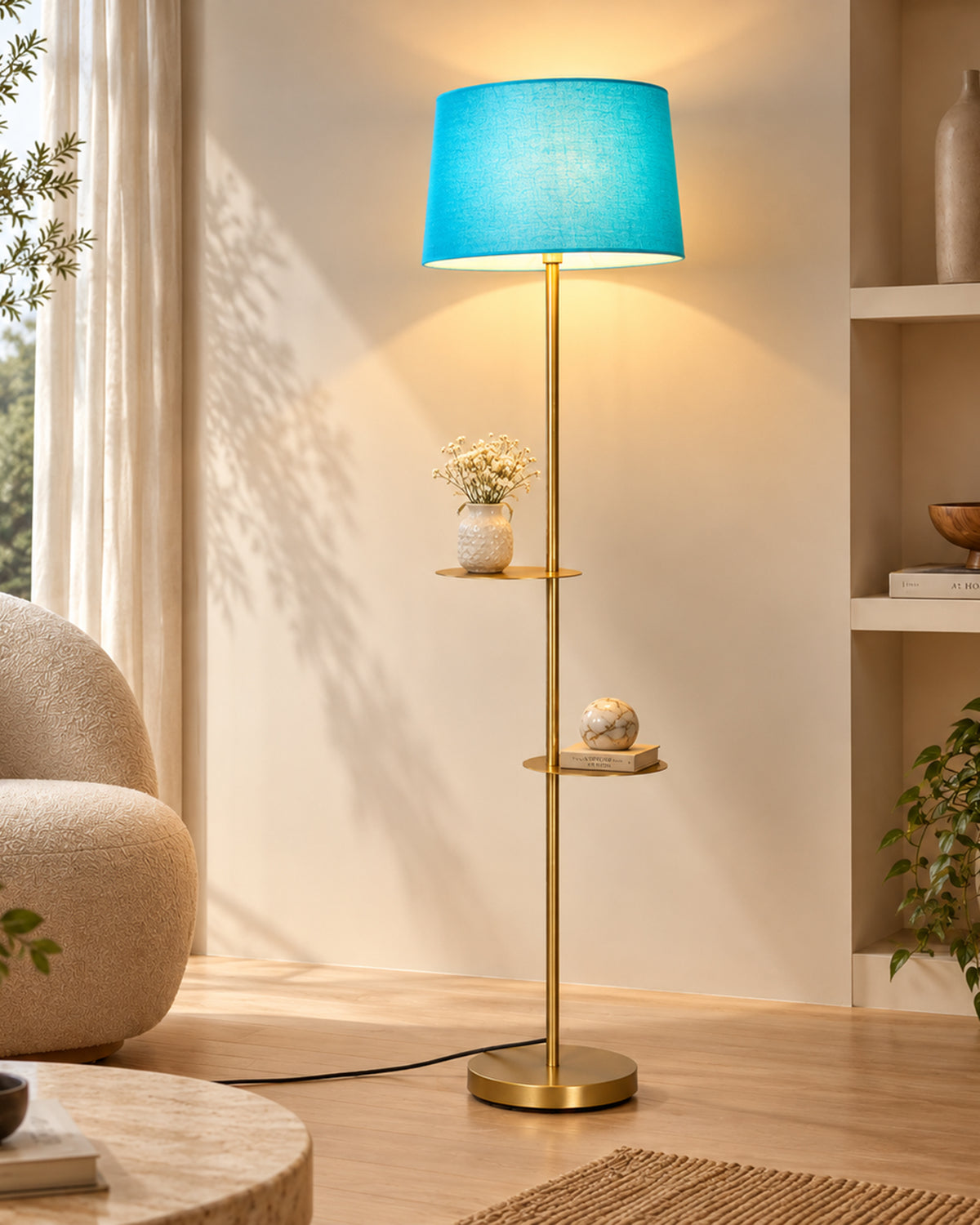 Contemporary Duo Shelf Metal Floor Lamp, Bedside Living room Office Home Decor Lamp, Golden