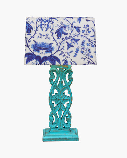 Sculptural Hand Carved Wood Table Lamp with Blue Birds shade, Mint Green.
