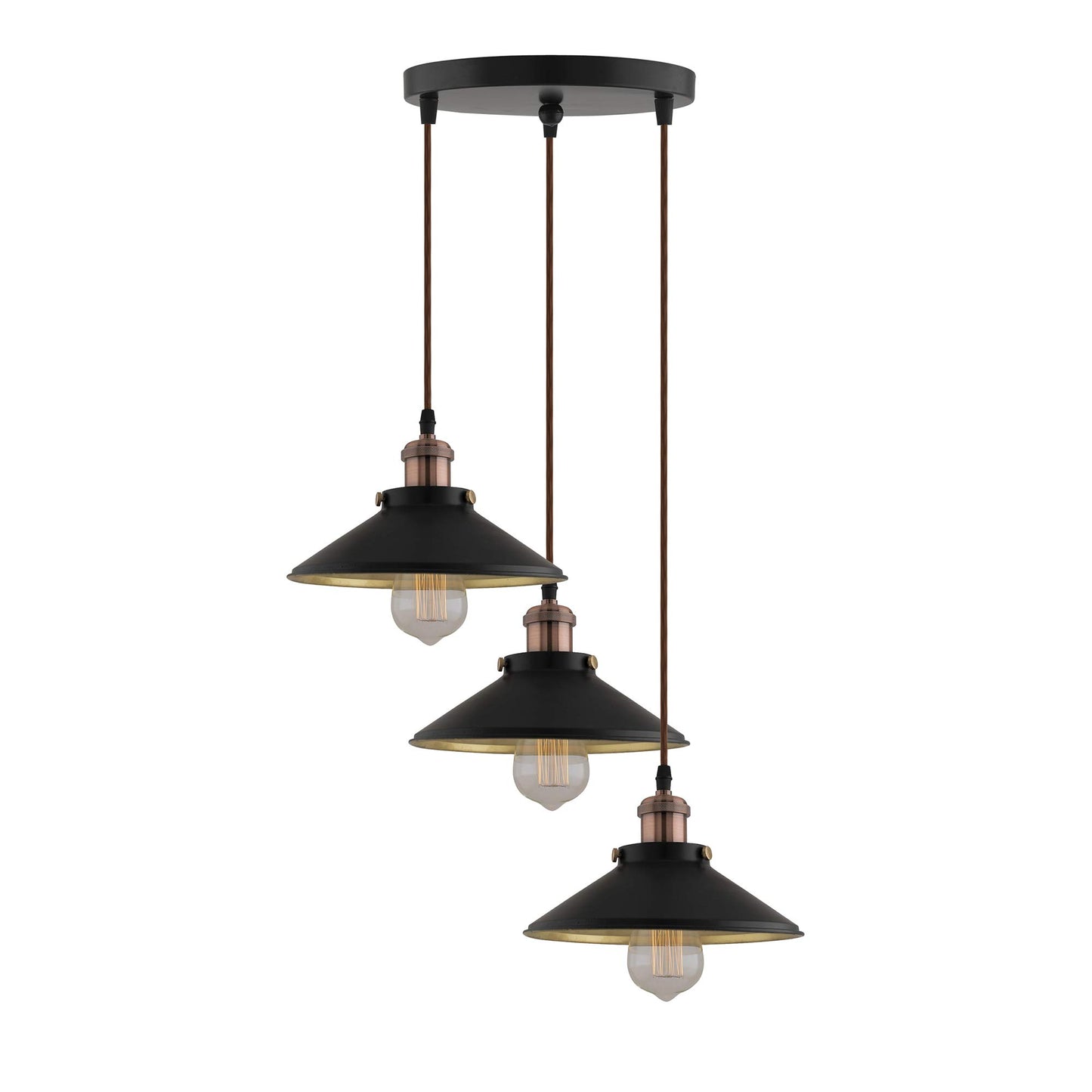 3-Lights Round Cone Shade Cluster Chandelier Hanging Light, Decorative, Black, Kitchen Area and Dining Room Light, LED/Filament Light