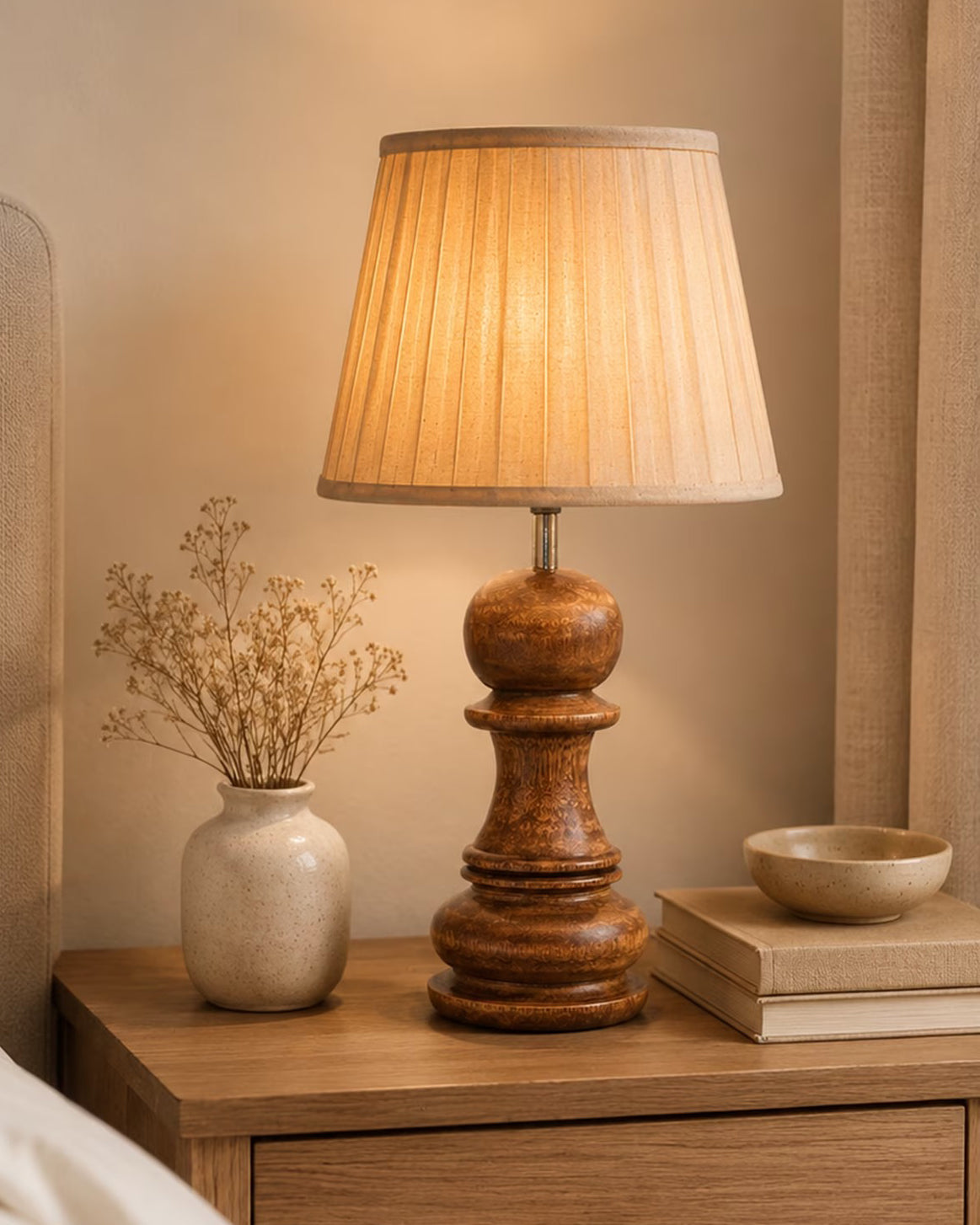 Chess Decorative Bedside Table Desk Lamp Linen Frilled Shade for Décor, Accent Light, Gameroom, Kids', Living Room, Bedroom, Handmade Wooden, Bishop