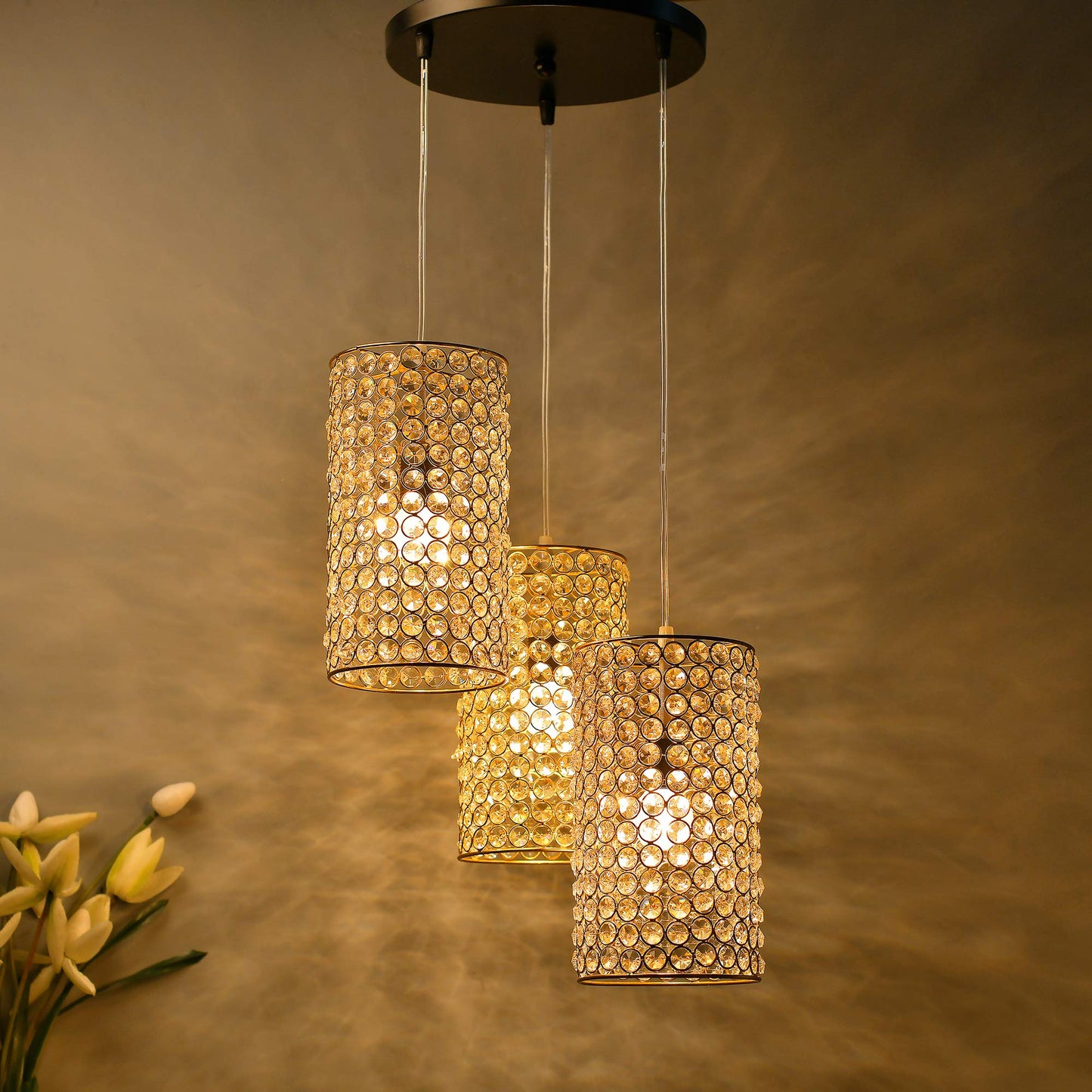 3-Lights Round Golden Cluster Chandelier Crystal Golden Barrel Hanging Light, E27 Holder, Decorative, URBAN Retro, Nordic Style, LED/Filament Bulb