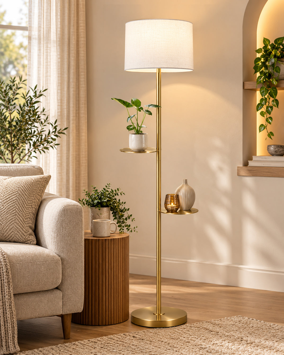 Contemporary Duo Shelf Metal Floor Lamp, Bedside Living room Office Home Decor Lamp, Golden