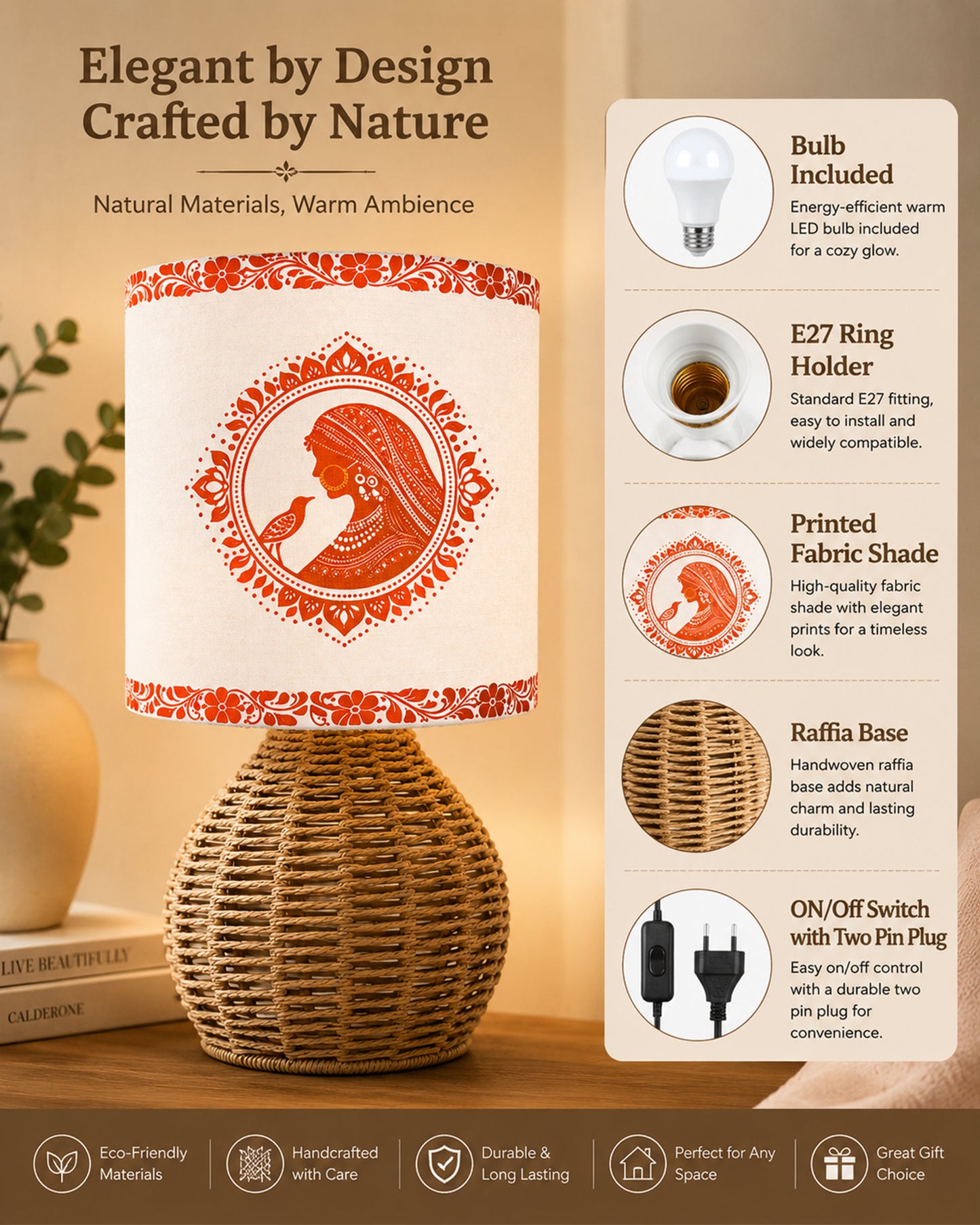 Homesake® Shade Rattan Table Lamp for Bedroom & Living Room, Natural Wicker Bedside Lamp for Bedroom, Living Room & Home Décor, E27 Holder, Livra, Scandinavian, Minimal Style Lighting (Round, Jute)