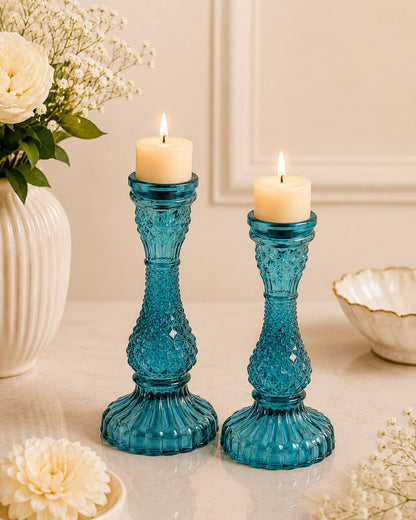 Solid Glass Candle Stand Carved Set of 2 (Solid)