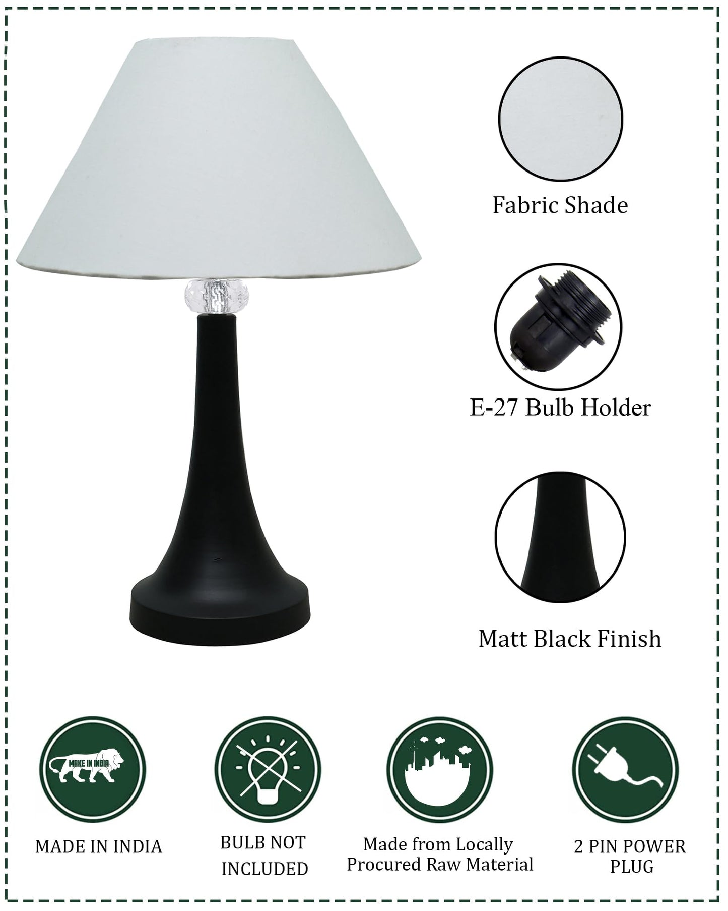 Black Metal Cone Table Lamp with Fabric Shade, B22 holder Nightstand Lamp