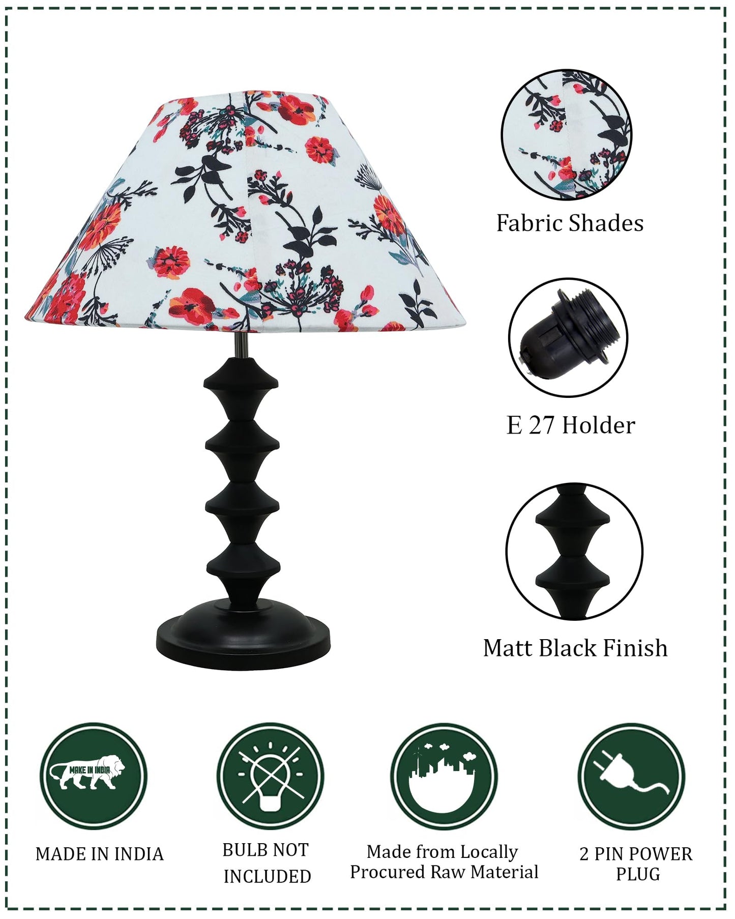 Black Metal Table Lamp with Fabric Shade, B22 holder, Pillar