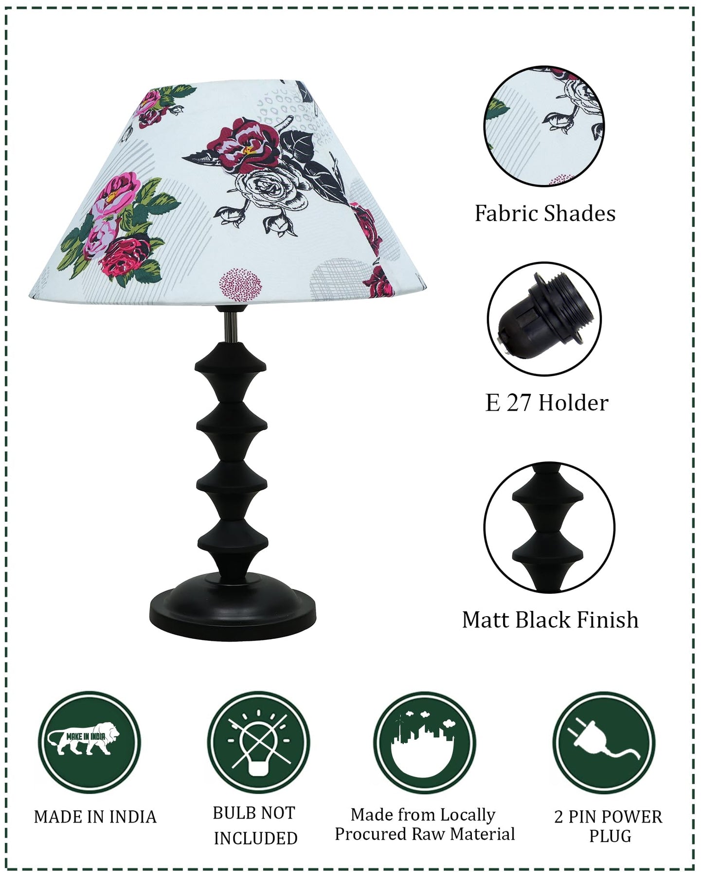 Black Metal Table Lamp with Fabric Shade, B22 holder, Pillar
