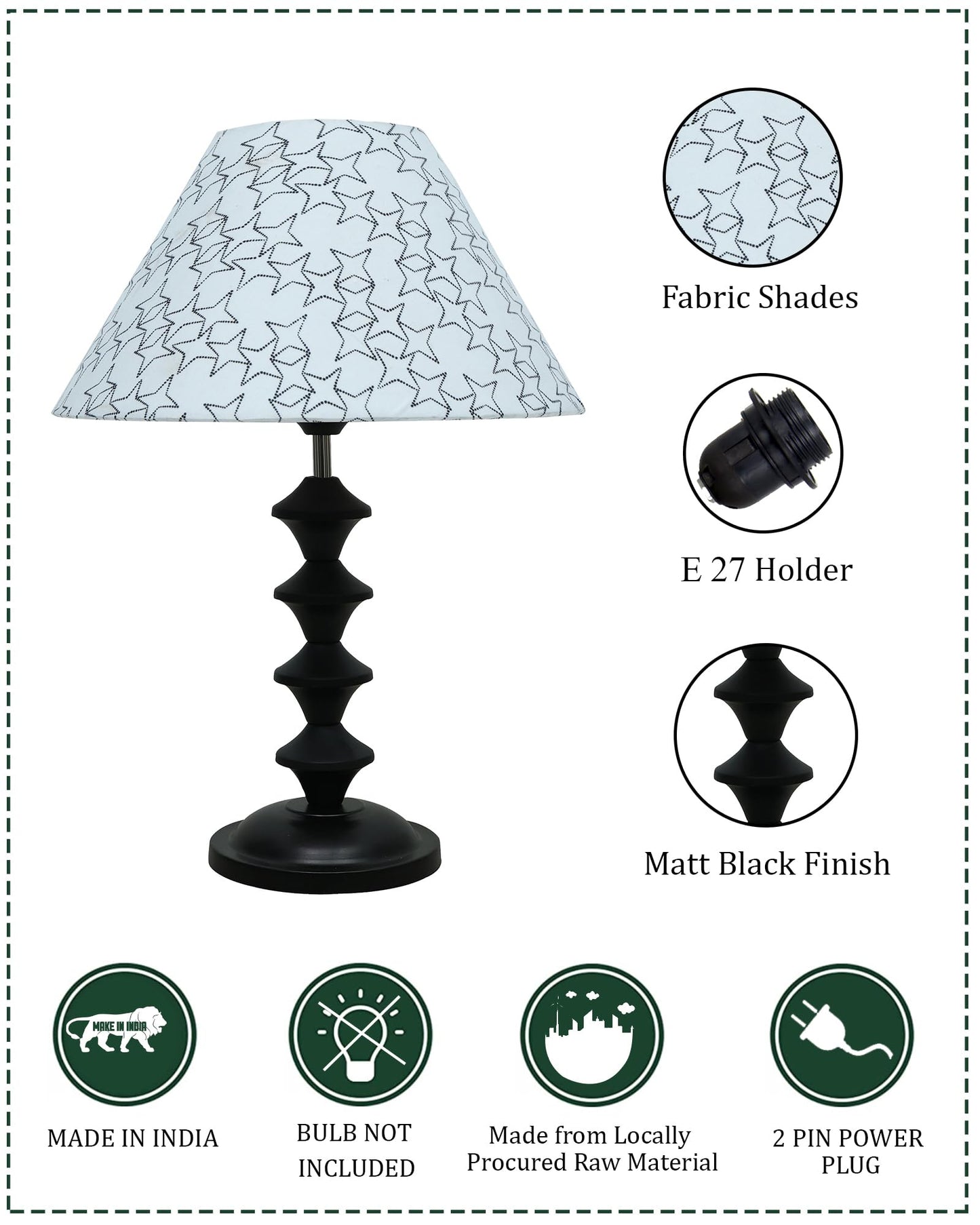 Black Metal Table Lamp with Fabric Shade, B22 holder, Pillar