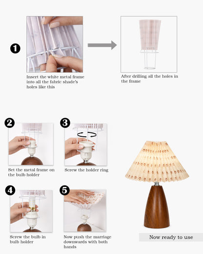 Homesake® Wood Grain Pattern Small Table Lamp, Desk Light, Metal Table Lamp, Metal Bedroom Lamps for Nightstand, Small Scalloped Lamp Shade Table Lamps for Small Spaces for Bedroom,Living Room, Taper Cone