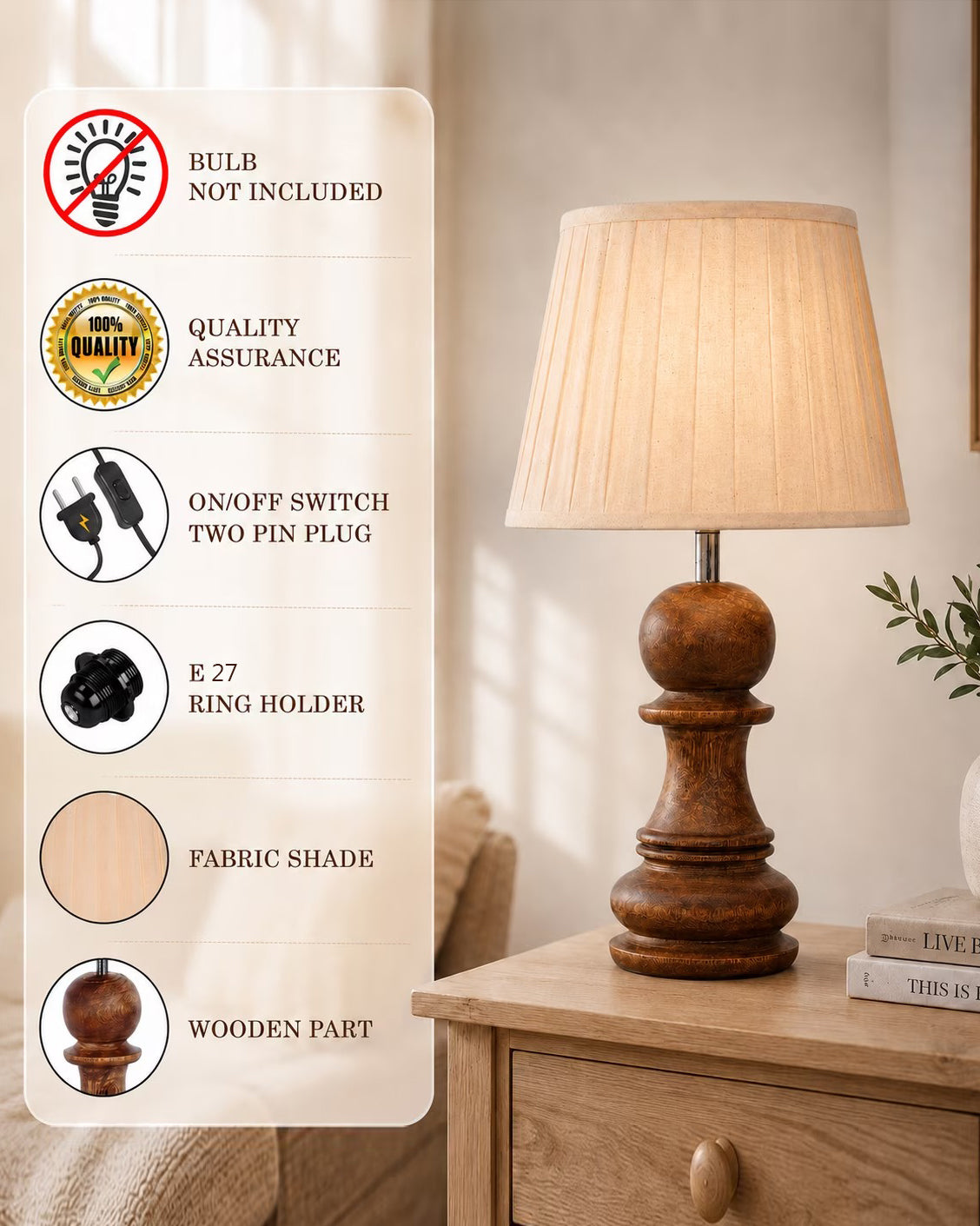 Chess Decorative Bedside Table Desk Lamp Linen Frilled Shade for Décor, Accent Light, Gameroom, Kids', Living Room, Bedroom, Handmade Wooden, Bishop