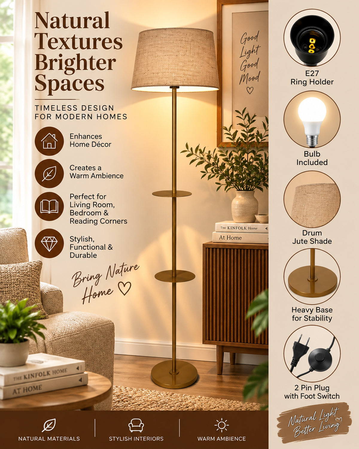 Contemporary Duo Shelf Metal Floor Lamp, Bedside Living room Office Home Decor Lamp, Golden