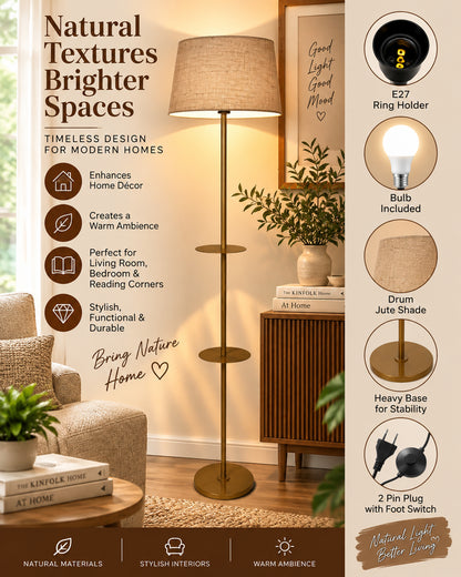 Contemporary Duo Shelf Metal Floor Lamp, Bedside Living room Office Home Decor Lamp, Golden