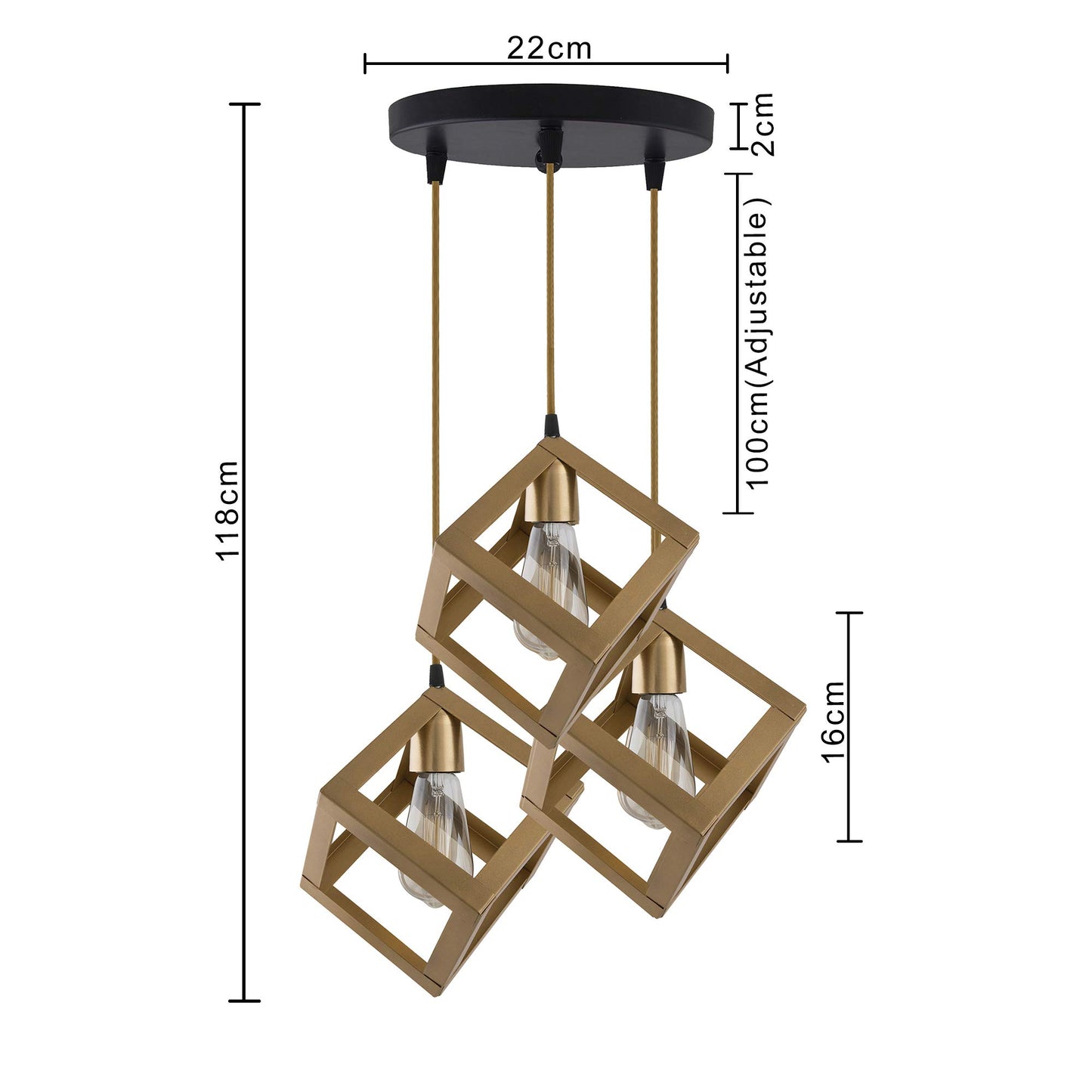 3-lights Round Cluster Chandelier Golden Hanging Cube 6", Hanging Pendant Light with Braided Cord, URBAN Retro, nordic style, LED/filament bulb