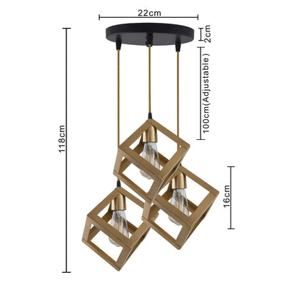 3-lights Round Cluster Chandelier Golden Hanging Cube 6", Hanging Pendant Light with Braided Cord, URBAN Retro, nordic style, LED/filament bulb