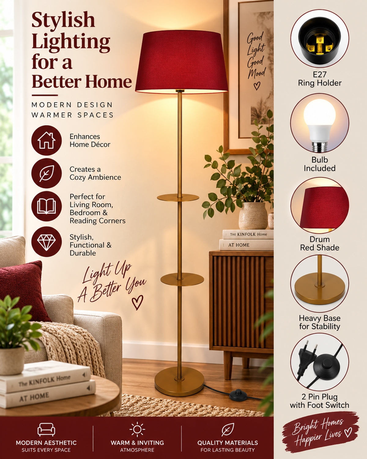 Contemporary Duo Shelf Metal Floor Lamp, Bedside Living room Office Home Decor Lamp, Golden