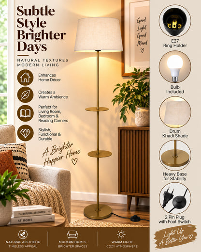 Contemporary Duo Shelf Metal Floor Lamp, Bedside Living room Office Home Decor Lamp, Golden