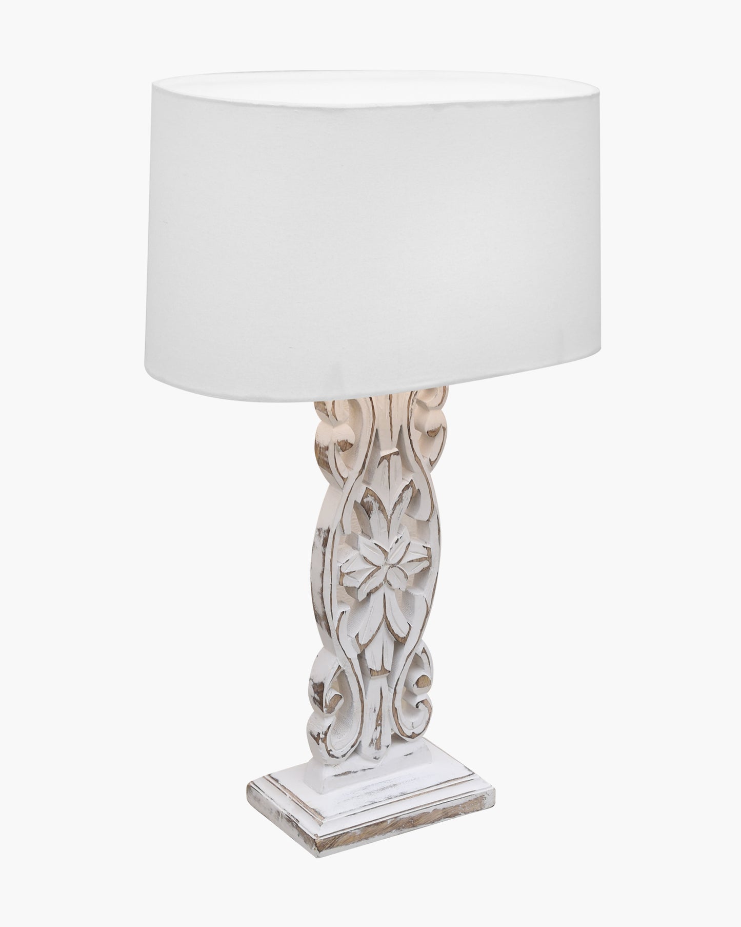 Sculptural Hand Carved Wood Table Lamp with Oval White shade, Antique Black