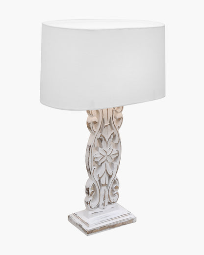 Sculptural Hand Carved Wood Table Lamp with Oval White shade, Antique Black