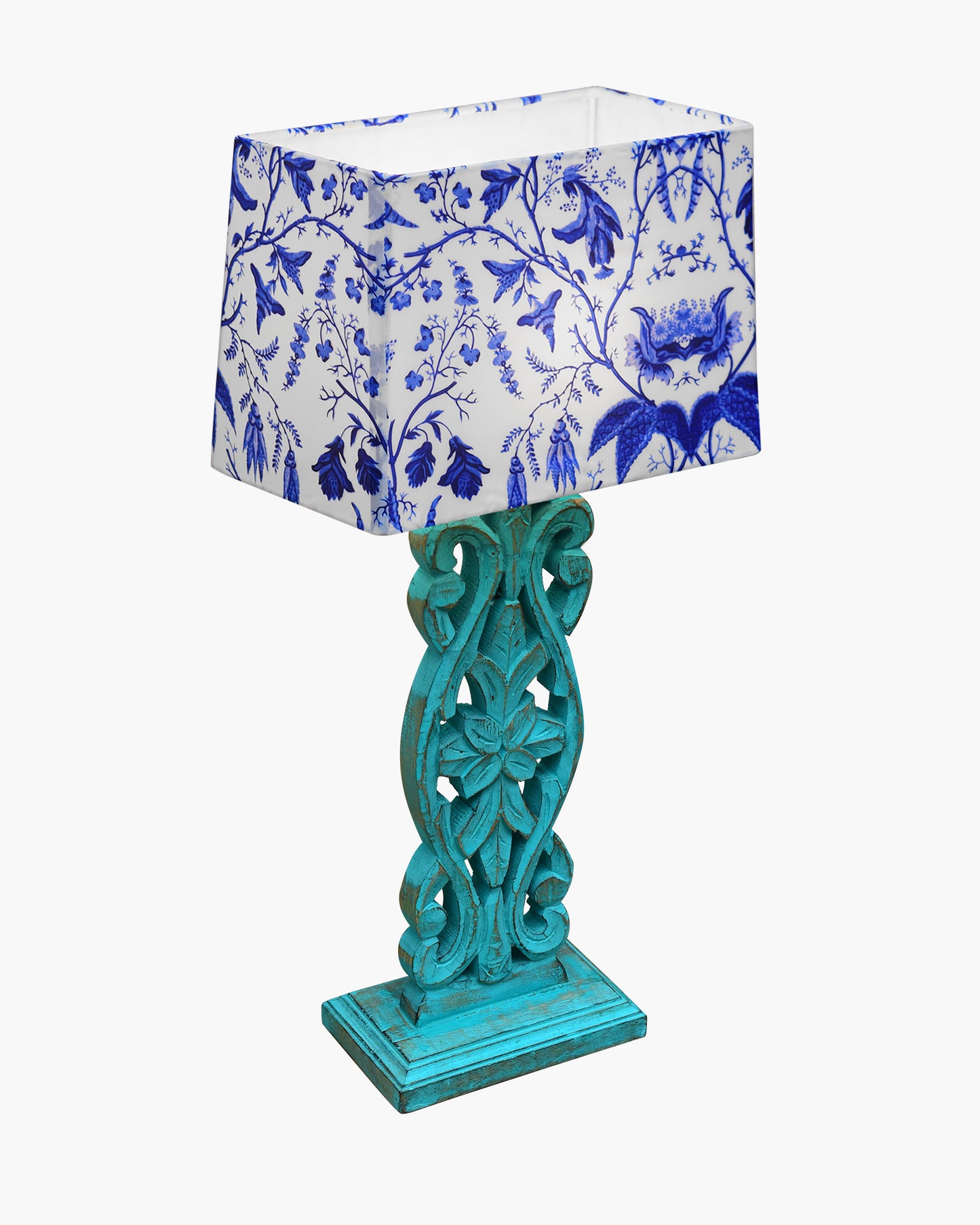 Sculptural Hand Carved Wood Table Lamp with Blue Birds shade, Mint Green.