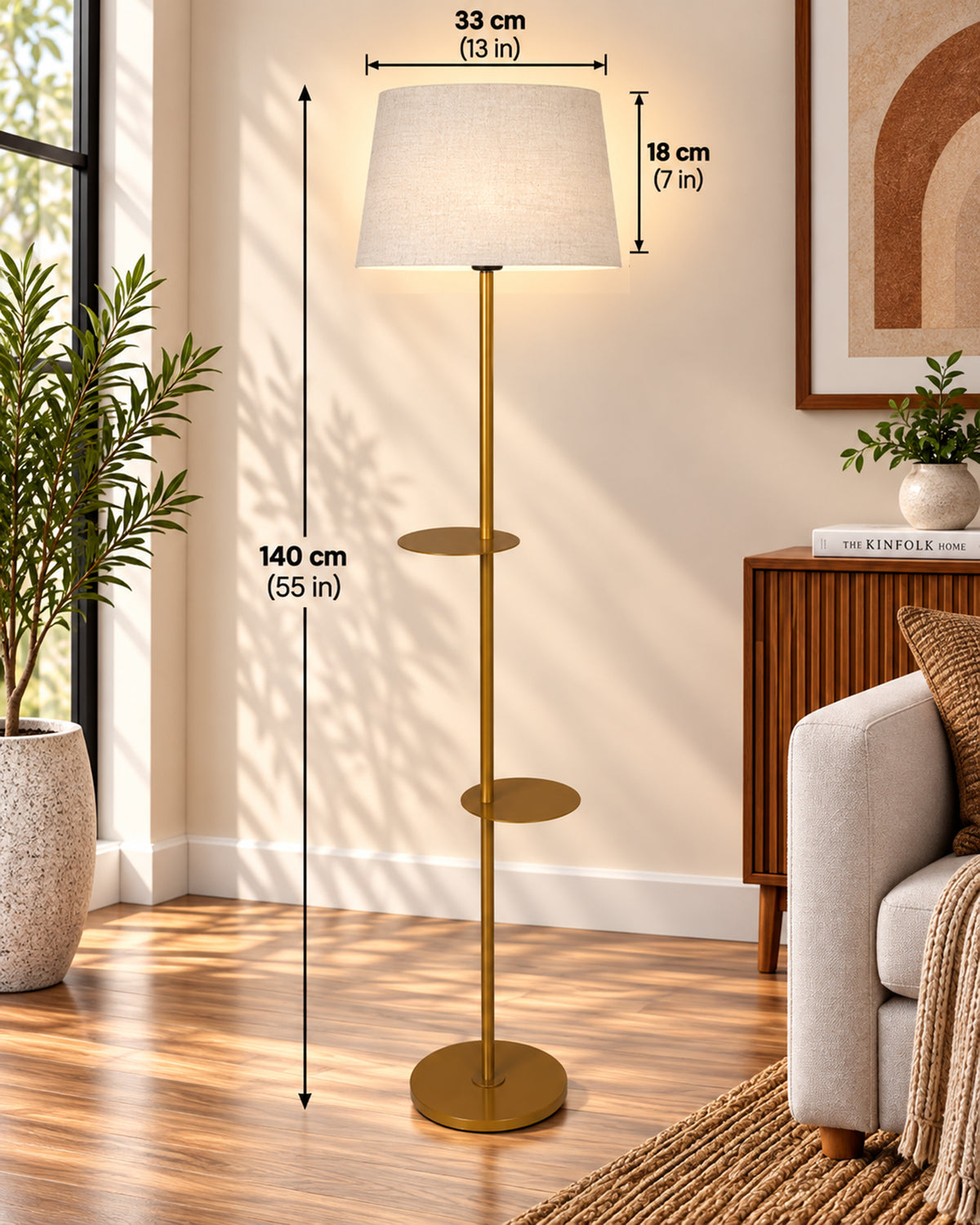 Contemporary Duo Shelf Metal Floor Lamp, Bedside Living room Office Home Decor Lamp, Golden