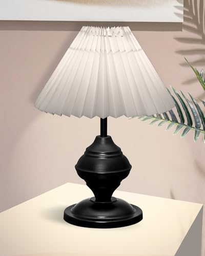 Bedside Black Metal Table Lamp with Fabric Shade, E27 holder, Urn, Pleated Jute Shade