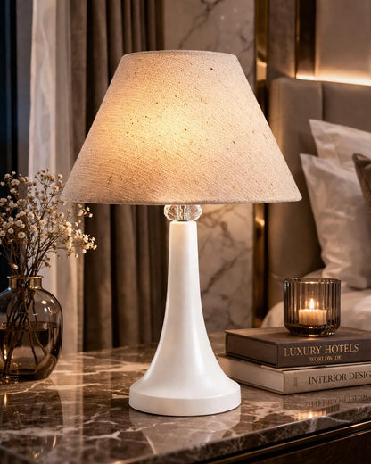 Farmhouse Matt Table Lamp for Bedroom, White Modern Bedside Lamps for Living Room, Rustic Table Light for Night Stands, Dorm, Office, Home Décor Fabric Shade, E27 holder, Cone, Iris Cone