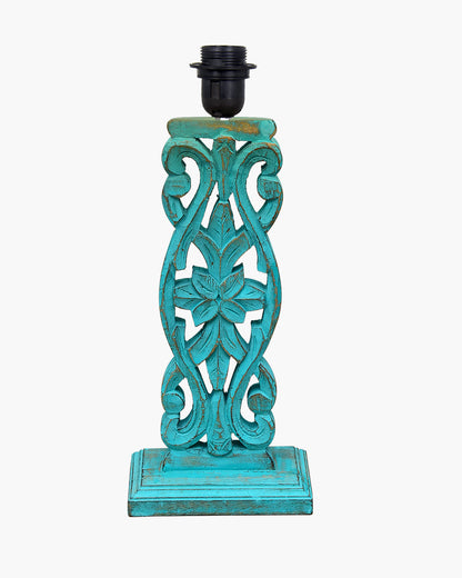 Sculptural Hand Carved Wood Table Lamp with Blue Birds shade, Mint Green.