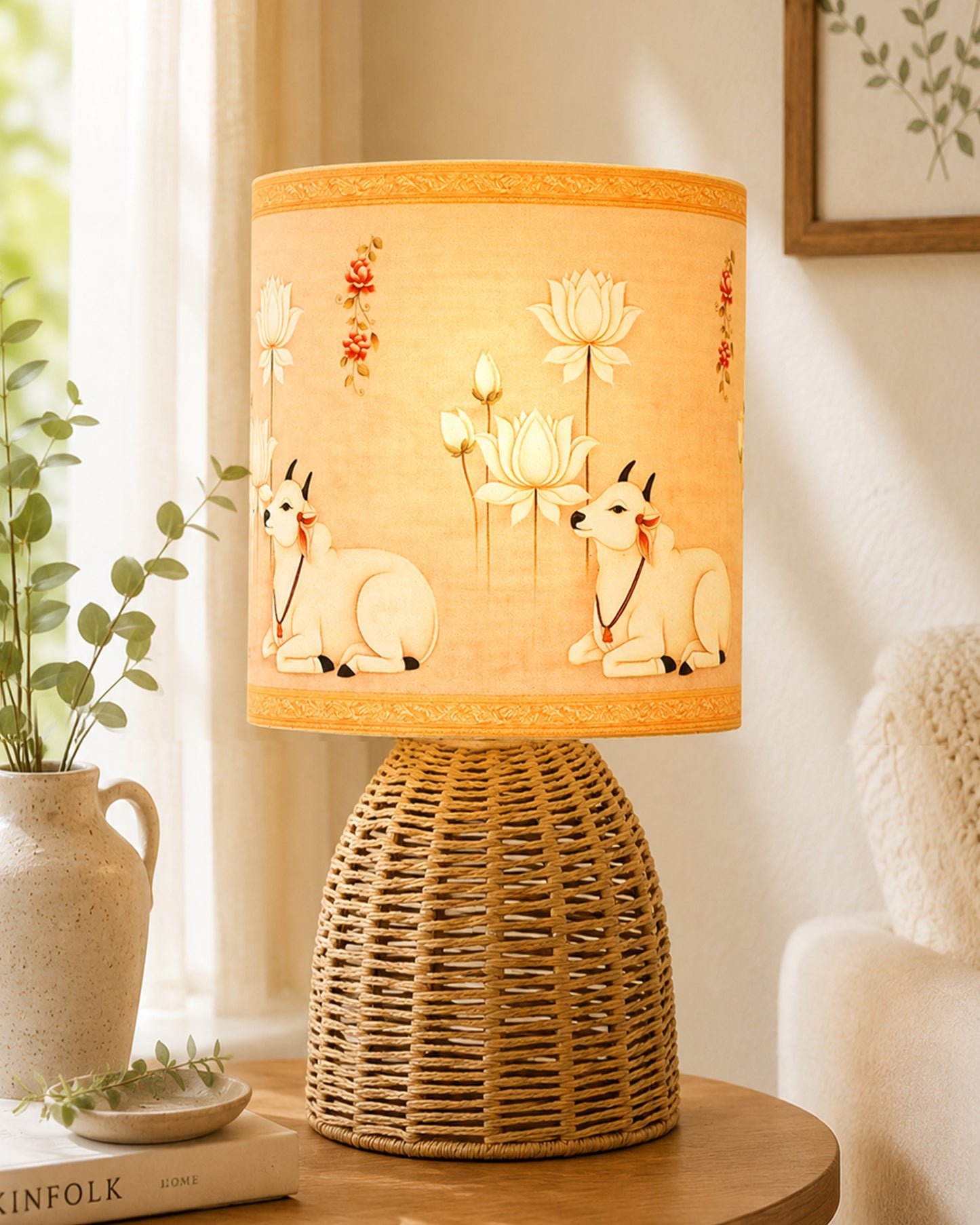 Homesake® Raffia Rattan Table Lamp with Fabric Shade, Small Nightstand Lamp, Natural Wicker Bedside Lamp for Bedroom, Living Room, Study & Home Décor, Livra Collection | E27 Holder