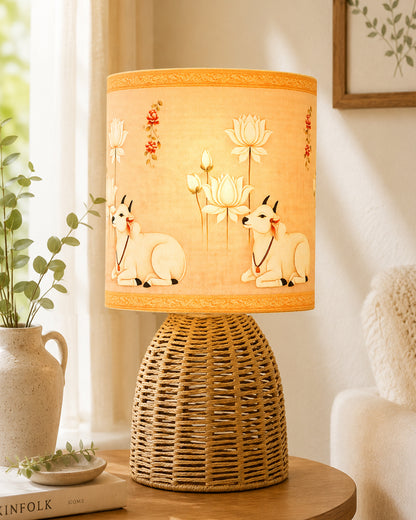Homesake® Raffia Rattan Table Lamp with Fabric Shade, Small Nightstand Lamp, Natural Wicker Bedside Lamp for Bedroom, Living Room, Study & Home Décor, Livra Collection | E27 Holder