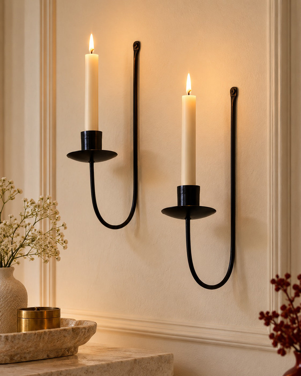 Wall Candle Holder Stand for Living Room, Black Metal Wall Sconce with Taper Candle Holder, Decorative Candle Stand for Diwali, Home Décor (Set of 2)