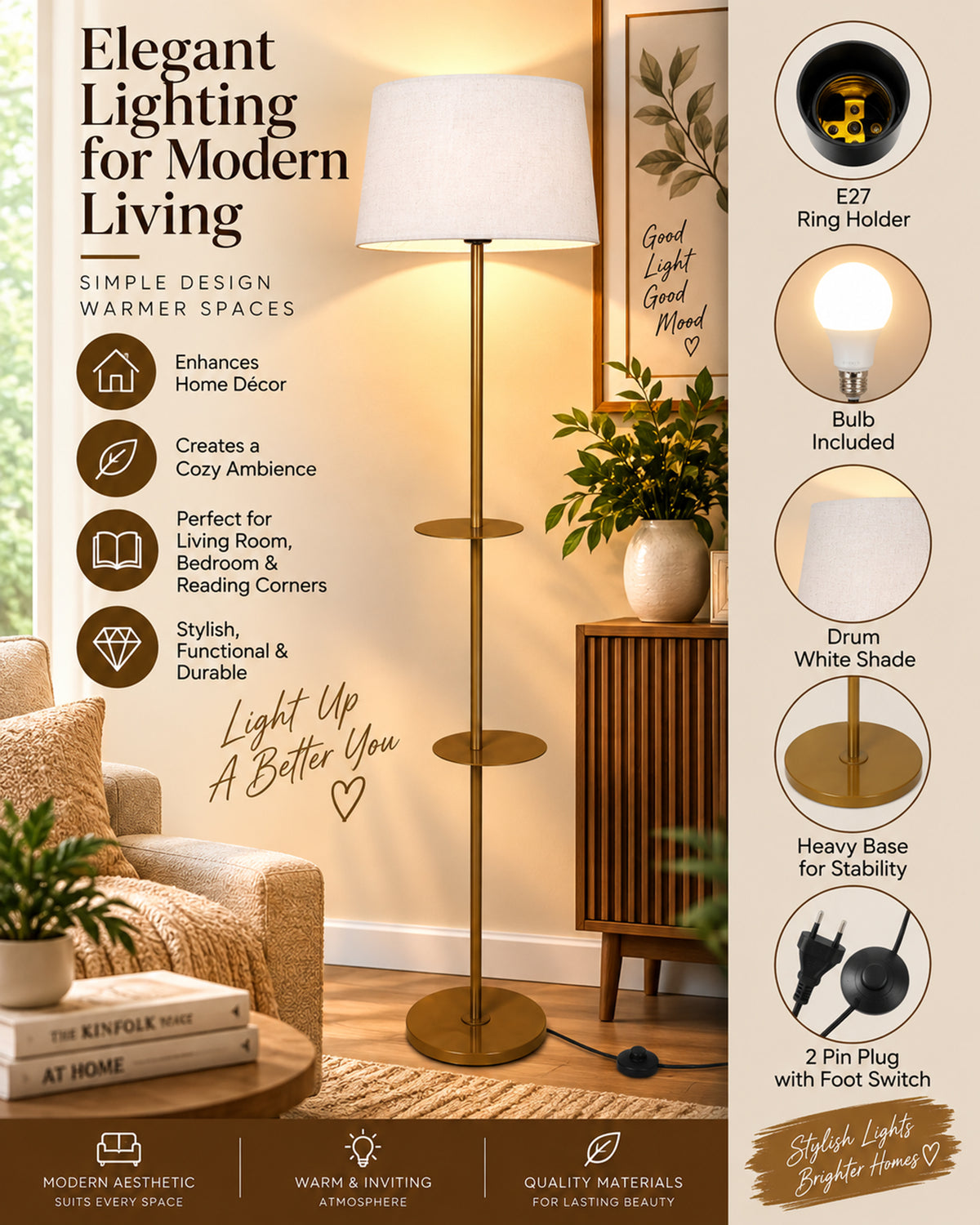 Contemporary Duo Shelf Metal Floor Lamp, Bedside Living room Office Home Decor Lamp, Golden