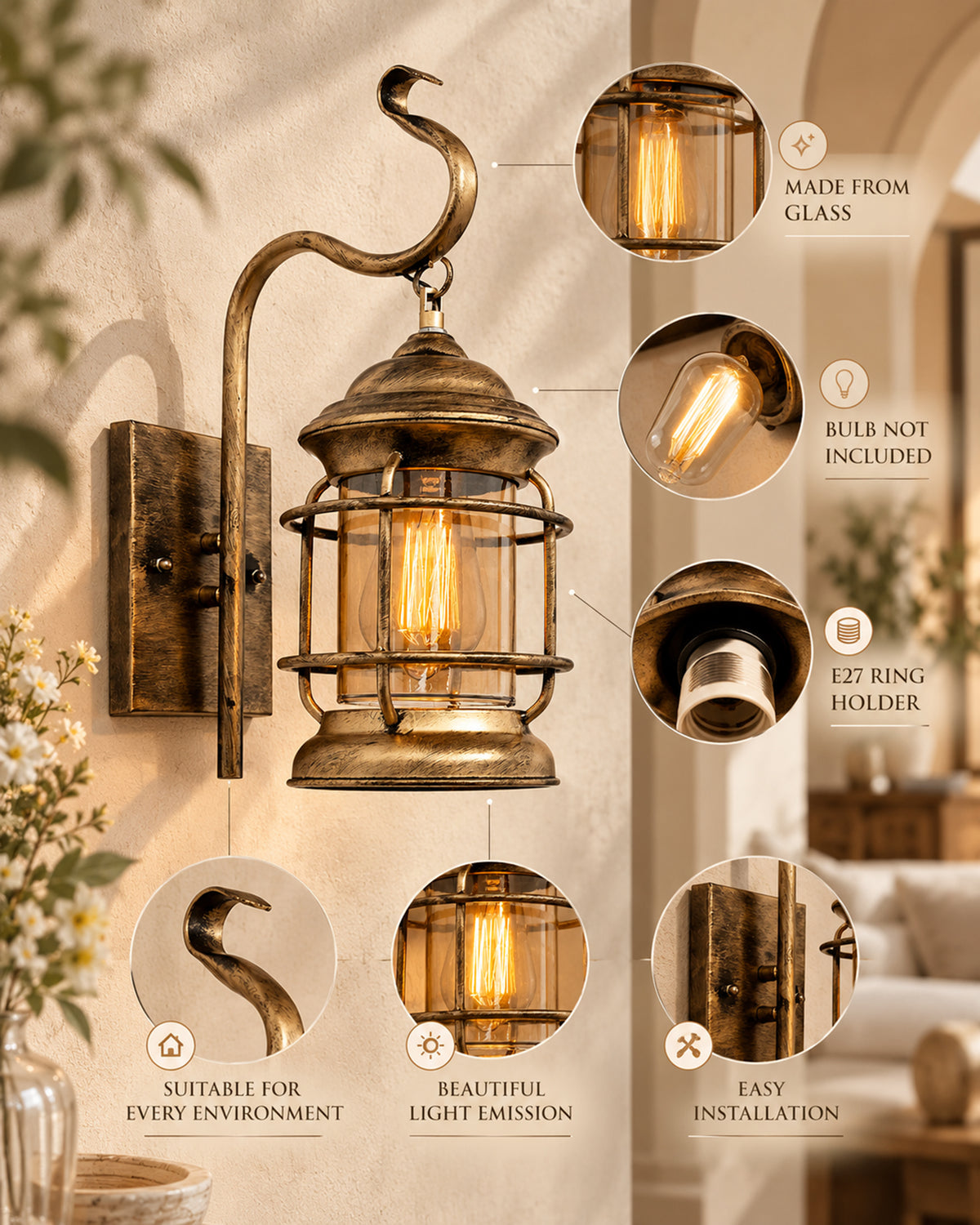 Rustic Wall Light Fixtures, Oil Rubbed Bronze Finish Indoor Vintage Wall Sconce Industrial Lamp Fixture Glass Shade Farmhouse Metal Sconces for Bedroom Living Room Cafe, Wall Cage Cylinder