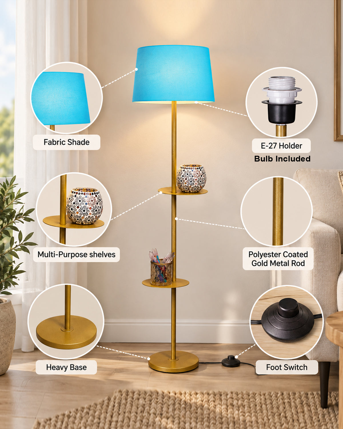 Contemporary Duo Shelf Metal Floor Lamp, Bedside Living room Office Home Decor Lamp, Golden