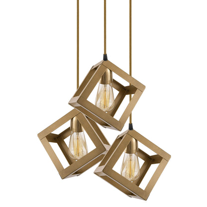 3-lights Round Cluster Chandelier Golden Hanging Cube 6", Hanging Pendant Light with Braided Cord, URBAN Retro, nordic style, LED/filament bulb
