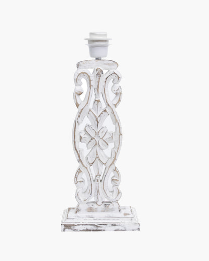 Sculptural Hand Carved Wood Table Lamp with Khadi Square shade, Whitewash