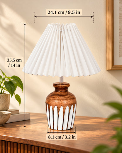 Small Cute Bedside Lamp with Linen Beige Lampshade, Nightstand Lamp for Nursery, Bedroom, Kid Room, Living Room, Light Brown Wooden Base, E27, Ribbed Urn, Pleated Jute
