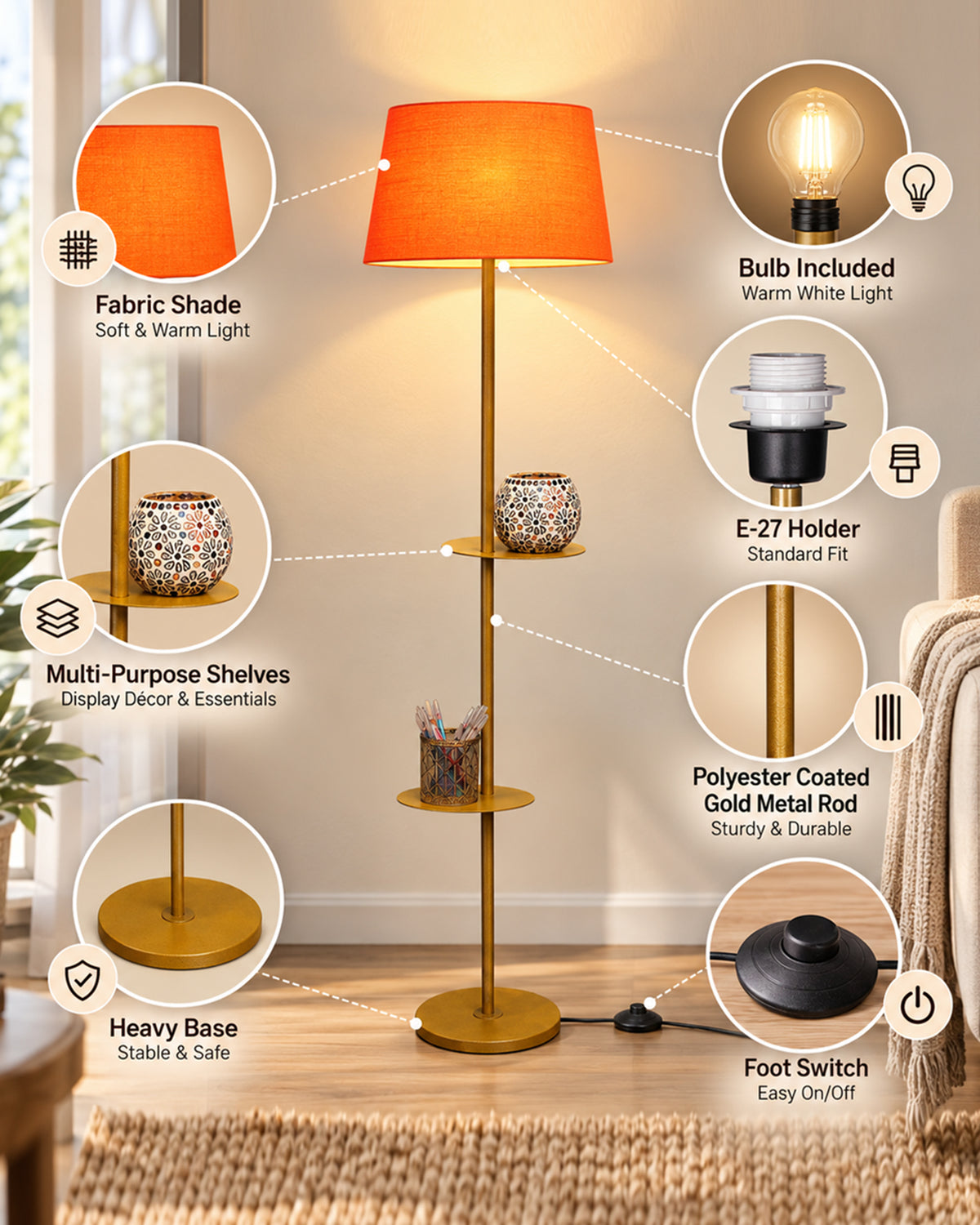 Contemporary Duo Shelf Metal Floor Lamp, Bedside Living room Office Home Decor Lamp, Golden