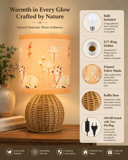 Homesake® Shade Rattan Table Lamp for Bedroom & Living Room, Natural Wicker Bedside Lamp for Bedroom, Living Room & Home Décor, E27 Holder, Livra, Scandinavian, Minimal Style Lighting (Round, Jute)