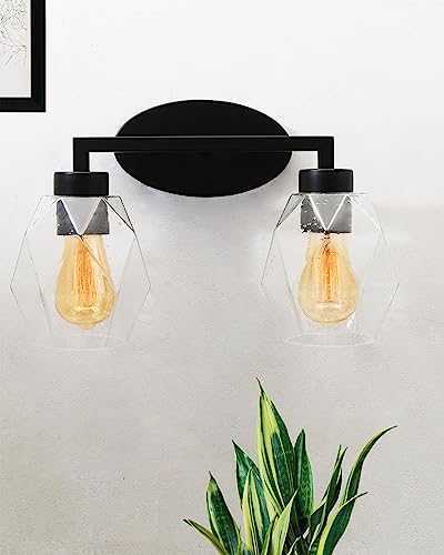 2-Light Wall Sconce Vanity Lighting Bathroom Lamp in Black with Hexa Glass Shades Wall Mounted Light Fixtures for Bedroom Stairs and Kitchen