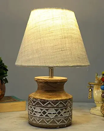 Wood Table Lamp, Modern Base Fabric Lampshade for Home Office Cafe Restaurant, Carved Pot, White Jute