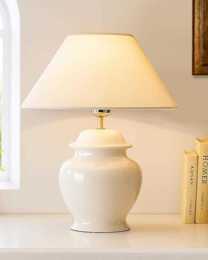 White Glossy Ceramic Pot Shaped Base Table Lamp with White Cone Shade E-27 Bulb