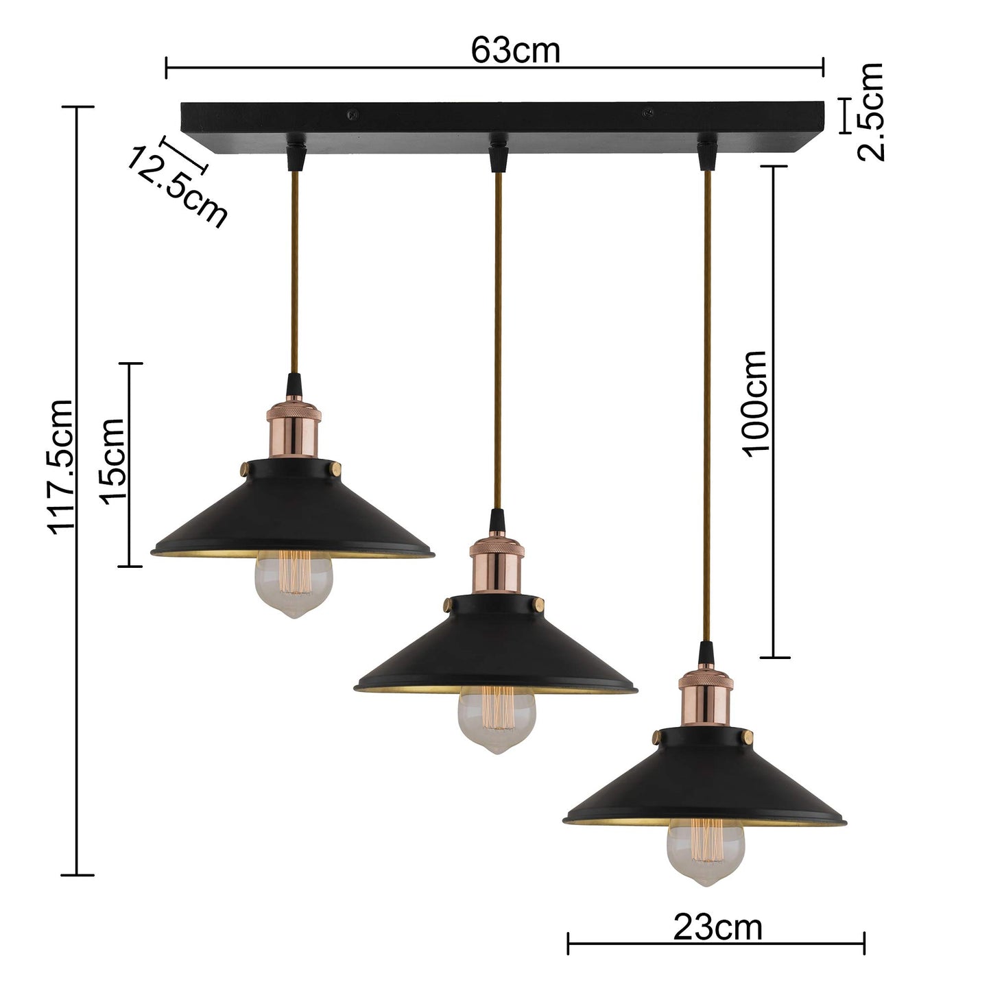 3-Lights Linear Cone Shade Cluster Chandelier Hanging Light, Decorative, Black, Kitchen Area and Dining Room Light, LED/Filament Light