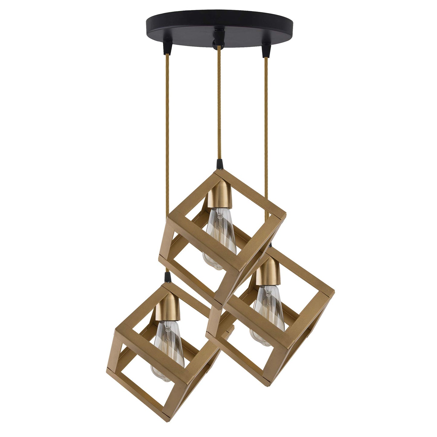 3-lights Round Cluster Chandelier Golden Hanging Cube 6", Hanging Pendant Light with Braided Cord, URBAN Retro, nordic style, LED/filament bulb