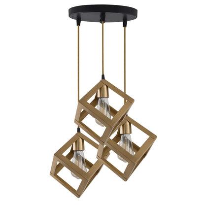 3-lights Round Cluster Chandelier Golden Hanging Cube 6", Hanging Pendant Light with Braided Cord, URBAN Retro, nordic style, LED/filament bulb